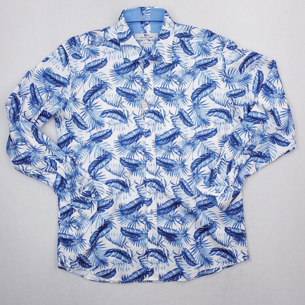 Claudio Lugli Shirt Mens Extra Large Blue Hawaiian Floral Palm Allover Button Up